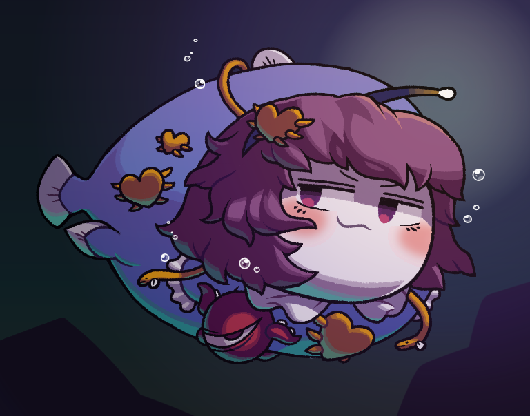 1girl :3 blush bubble closed_mouth commentary_request fish full_body hair_ornament heart heart_hair_ornament human_head komeiji_satori looking_at_viewer purple_eyes purple_hair short_hair smile smug solo third_eye tonchamon_san touhou underwater v-shaped_eyebrows