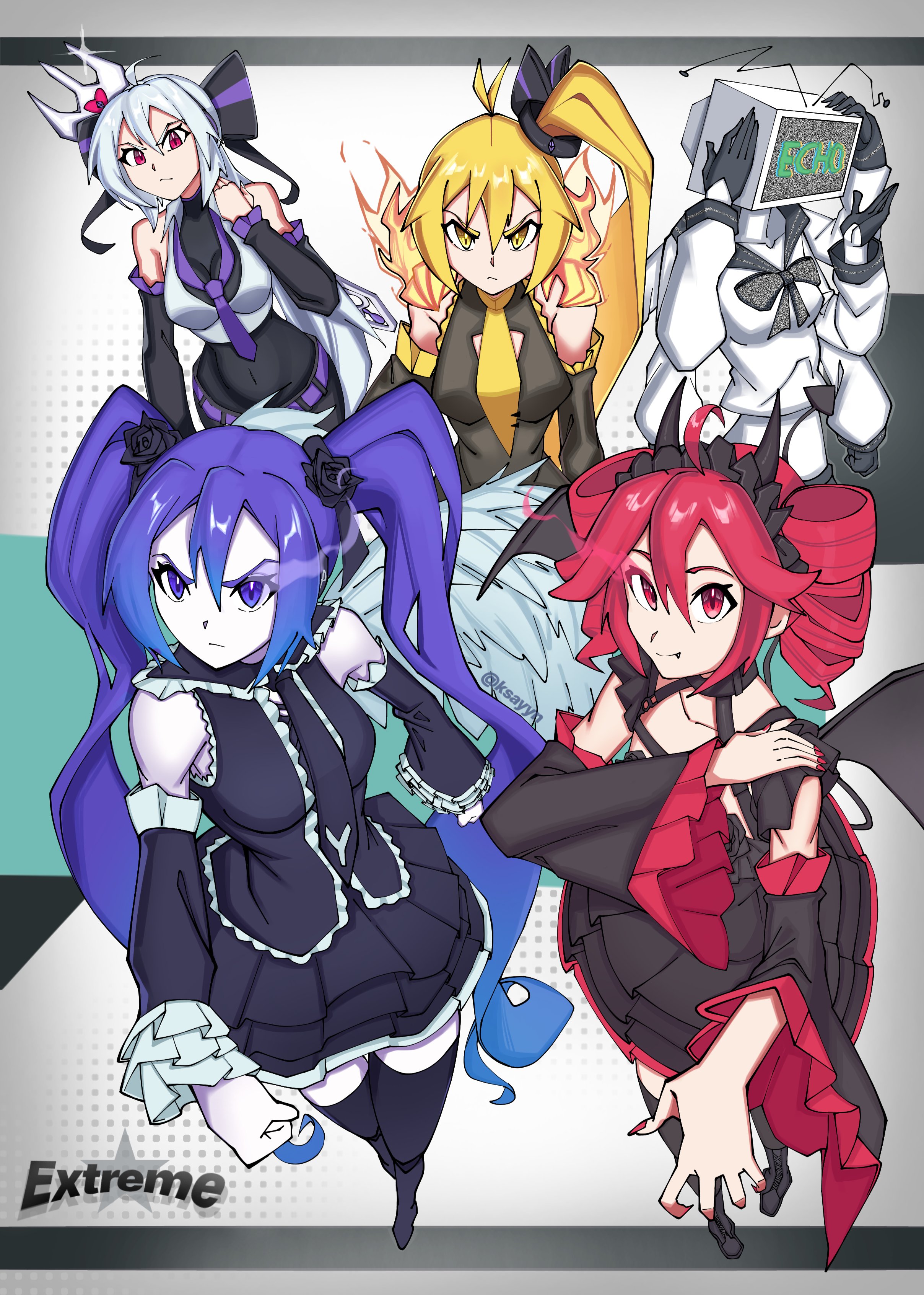 5girls absurdres ahoge akita_neru alternate_costume alternate_hair_color antenna_hair bat_wings black_boots black_bow black_headdress black_necktie black_shirt black_skirt black_thighhighs blonde_hair boots bow bowtie breasts cleavage_cutout clenched_hands clothing_cutout colored_skin covered_navel crop_top demon_horns derivative_work detached_sleeves dragon_ball dragon_ball_super dress drill_hair echo_(vocaloid) english_text fang feathered_wings fire flaming_eyes frilled_dress frilled_shirt frilled_sleeves frills from_above full_body grey_bow grey_bowtie hair_between_eyes hatsune_miku highres horns kasane_teto ksayyn looking_ahead looking_at_viewer maid_headdress medium_breasts miniskirt multiple_girls necktie original pleated_skirt polka_dot polka_dot_background primadonna_(echo) purple_eyes purple_fire purple_hair purple_necktie red_eyes red_fire red_hair red_nails school_uniform serafuku shirt short_necktie skirt sleeveless song_name star_(symbol) television thighhighs twin_drills twintails utau vocaloid white_serafuku white_skin wings yellow_eyes yellow_necktie yowane_haku zettai_ryouiki