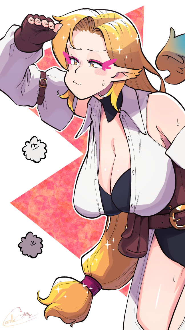 1girl black_shorts blonde_hair blush breasts brown_corset brown_gloves brown_wings carte cleavage closed_mouth collared_shirt commentary_request corset cowboy_shot crotchless crotchless_pants detached_sleeves detached_wings ear_tufts eyeliner fingerless_gloves gloves large_breasts leaning_forward long_hair looking_afar low-tied_long_hair makeup original pants pink_eyeliner pointy_ears shading_eyes shirt shorts signature sleeveless sleeveless_shirt solo white_background white_pants white_shirt white_sleeves wings