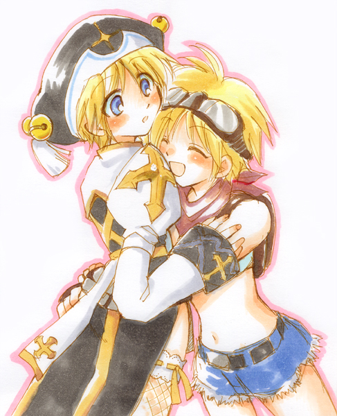 2000s_(style) 2girls arch_bishop_(ragnarok_online) bandana bell black_dress black_hat blacksmith_(ragnarok_online) blonde_hair blue_eyes blue_shorts blush closed_eyes commentary_request cowboy_shot crop_top cross dress fishnet_thighhighs fishnets goggles goggles_on_head hat hat_bell hug jingle_bell juliet_sleeves long_sleeves looking_at_another midriff multiple_girls navel noah_hat_(ragnarok_online) open_mouth puffy_sleeves ragnarok_online red_bandana ribbon-trimmed_thighhighs ribbon_trim shirt short_hair short_shorts shorts simple_background smile suni_(pixiv401818) thighhighs two-tone_dress white_background white_dress white_shirt white_thighhighs