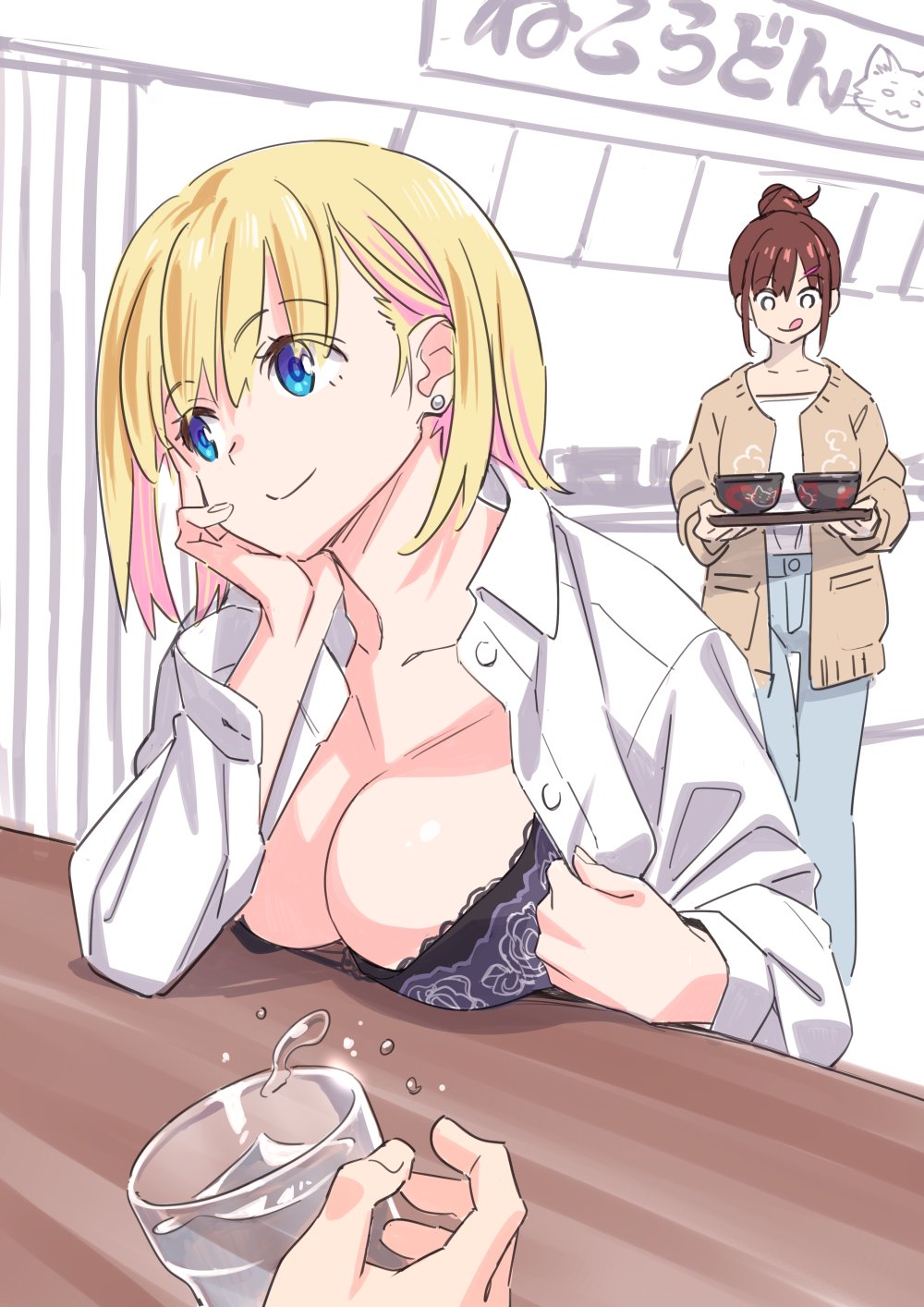1other 2girls :q arm_rest black_bra blonde_hair blue_eyes bowl bra breast_rest breasts brown_hair brown_jacket chinatsu_(suzutsuki_kurara) collarbone collared_shirt commentary denim earrings flashing hair_up hand_on_own_face highres hijiri_muroya_(suzutsuki_kurara) holding holding_tray jacket jeans jewelry lace lace_bra large_breasts looking_at_food looking_to_the_side multiple_girls oppai_challenge original pants restaurant shirt short_hair sidelocks smile spilling steaming_food stud_earrings suzutsuki_kurara tongue tongue_out translated tray underwear walking_towards_viewer white_shirt