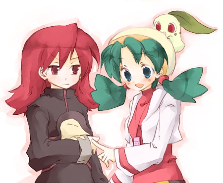 1990s_(style) 1boy 1girl amamiya_kabosu blue_eyes blush carrying chikorita couple cyndaquil gen_2_pokemon green_hair hat hetero holding kris_(pokemon) lowres nintendo open_mouth pokemon pokemon_(creature) pokemon_gsc red_eyes red_hair retro_artstyle silver_(pokemon) twintails