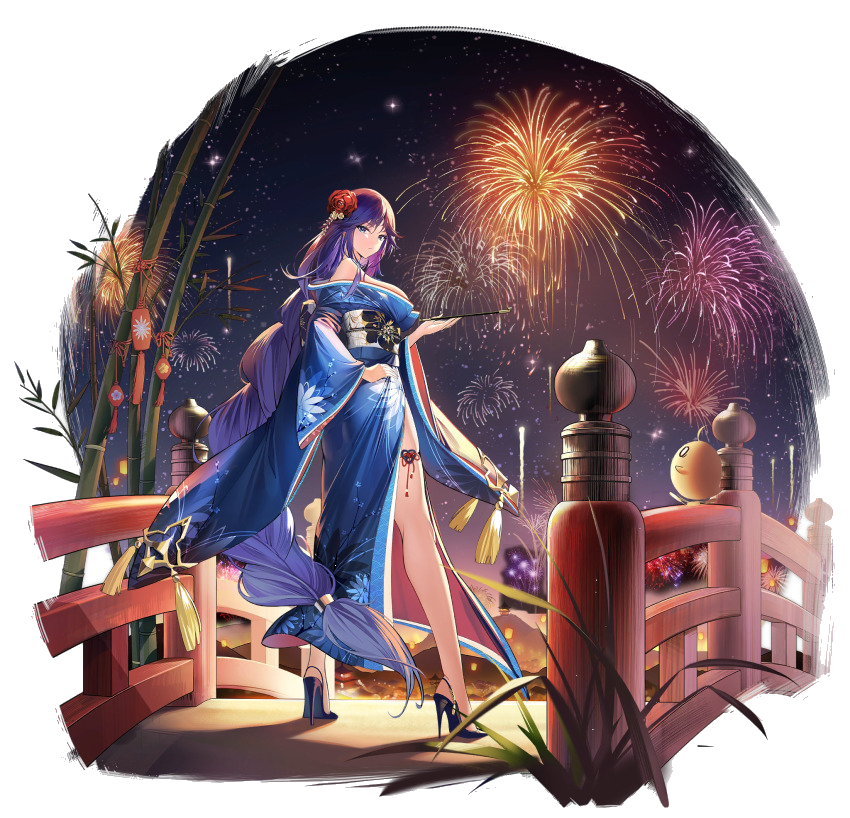1girl absurdly_long_hair azur_lane bare_shoulders biloxi_(azur_lane) biloxi_(night_sky&#039;s_brilliant_blue_blossoms)_(azur_lane) black_shoes blue_kimono braid breasts fireworks floral_print flower full_body hair_flower hair_ornament high_heels holding holding_smoking_pipe japanese_clothes kimono long_hair looking_at_viewer looking_back manjuu_(azur_lane) medium_breasts off_shoulder official_alternate_costume official_art pavapo purple_eyes purple_hair red_flower sash shoes single_braid smoking_pipe solo stiletto_heels transparent_background very_long_hair white_sash wide_sleeves