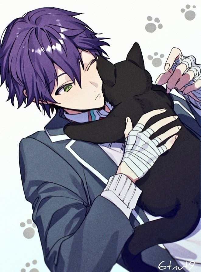 1boy 6tnut9 animal animal_print bandaged_hand bandages black_cat cat cat_on_person collared_shirt green_eyes grey_background grey_sweater_vest hair_between_eyes holding holding_animal holding_cat jacket kenmochi_touya kenmochi_touya_(1st_costume) long_sleeves male_focus necktie nijisanji omamori one_eye_closed open_clothes open_jacket pink_necktie plaid_clothes plaid_necktie portrait purple_hair purple_jacket shirt short_hair simple_background smile solo sweater_vest upper_body virtual_youtuber white_background white_shirt