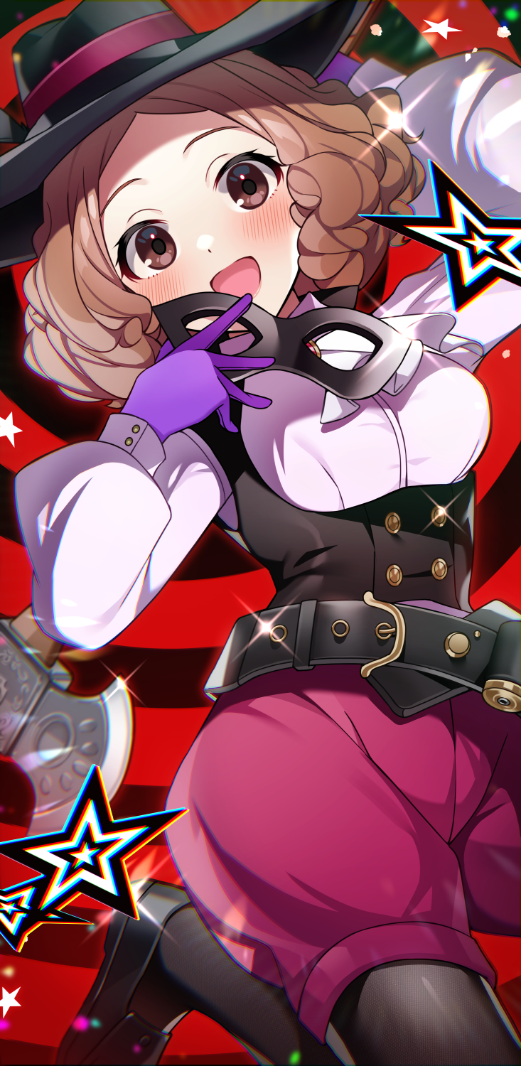 1girl ascot axe belt black_hat black_mask black_pantyhose black_shoes black_vest blush brown_eyes brown_hair commentary doughnut_(smmp4848) forehead gloves hat highres holding holding_mask long_sleeves mask medium_hair noir_(persona_5) okumura_haru open_mouth pantyhose persona persona_5 pink_shirt pink_shorts puffy_shorts purple_gloves red_background shirt shoes shorts smile solo star_(symbol) vest weapon