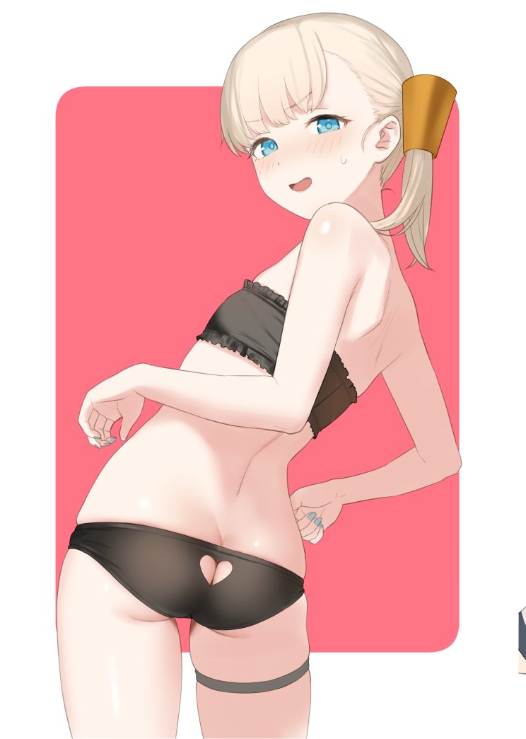 1girl ass bikini black_bikini black_panties blonde_hair blue_eyes blue_nails blunt_bangs blush border clothing_cutout commentary cow flat_chest frilled_bikini frills from_behind heart_cutout kantai_collection long_hair looking_at_viewer looking_back nail_polish open_mouth outside_border panties red_background rounded_corners sakiecho shin&#039;you_(kancolle) side_ponytail simple_background skindentation smile solo strapless strapless_bikini sweat swimsuit symbol-only_commentary thigh_strap turning_head underwear white_border