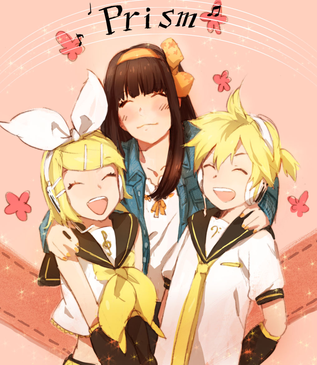 1boy 2girls animification blonde_hair brother_and_sister brown_hair closed_eyes flower hair_ribbon headphones kagamine_len kagamine_rin mitosa multiple_girls real_life ribbon shimoda_asami siblings smile twins vocaloid voice_actor