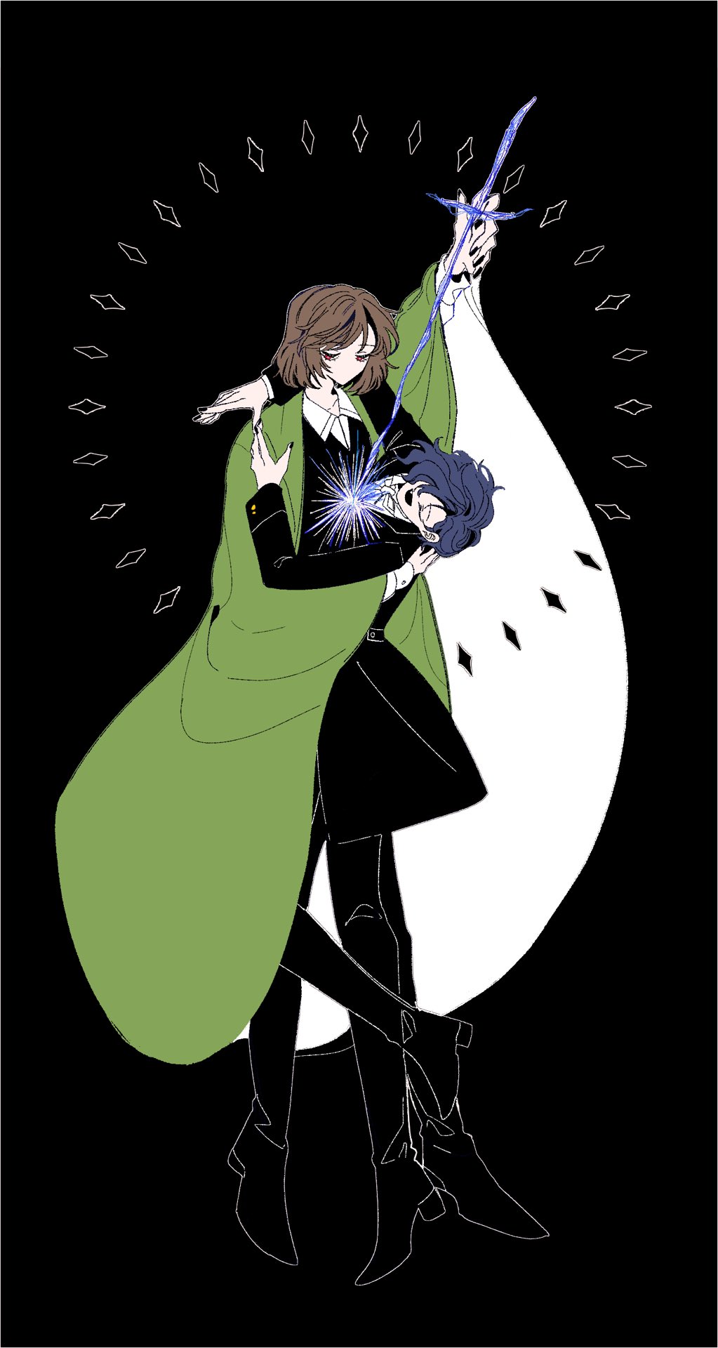 2boys ^_^ black_background black_coat black_footwear black_nails black_pants blue_hair boots brown_hair buttons cell_d8h3s character_request closed_eyes coat collared_coat collared_shirt commentary_request copyright_request energy_wings eyelashes fang fingernails full_body green_robe hair_over_one_eye half-closed_eyes haori high_heel_boots high_heels highres holding holding_sword holding_weapon hug japanese_clothes korean_commentary lapels leaning_back leg_up long_sleeves looking_at_viewer male_focus messy_hair multiple_boys neck_ribbon no_mouth open_mouth pants red_eyes ribbon robe shirt short_hair smile sword two-sided_robe weapon white_ribbon white_robe white_shirt yaoi