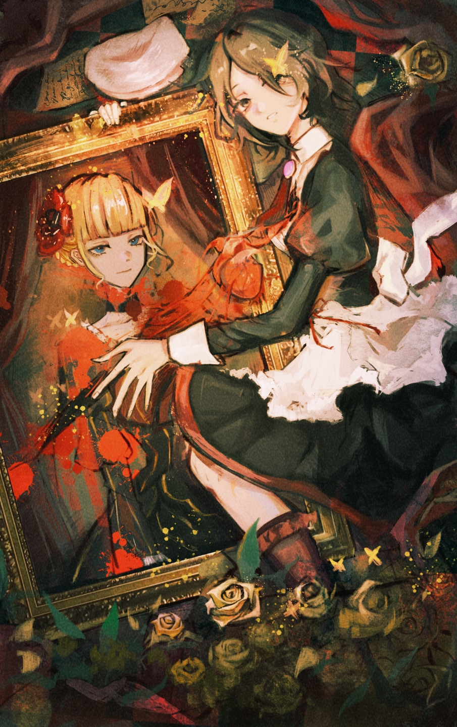 1girl apron beatrice_(umineko) beret blood blood_on_clothes blue_eyes brown_eyes brown_hair bug butterfly checkered_floor commentary expressionless flower frilled_apron frills hair_bun hair_flower hair_ornament hat heart_(organ) highres insect long_sleeves maid maid_apron necktie parted_lips portrait_(object) puffy_sleeves red_flower red_necktie rose shannon_(umineko) short_hair single_hair_bun spoilers symbolism teeth umineko_no_naku_koro_ni user_gece8573 waist_apron white_apron white_hat yellow_butterfly yellow_flower yellow_rose