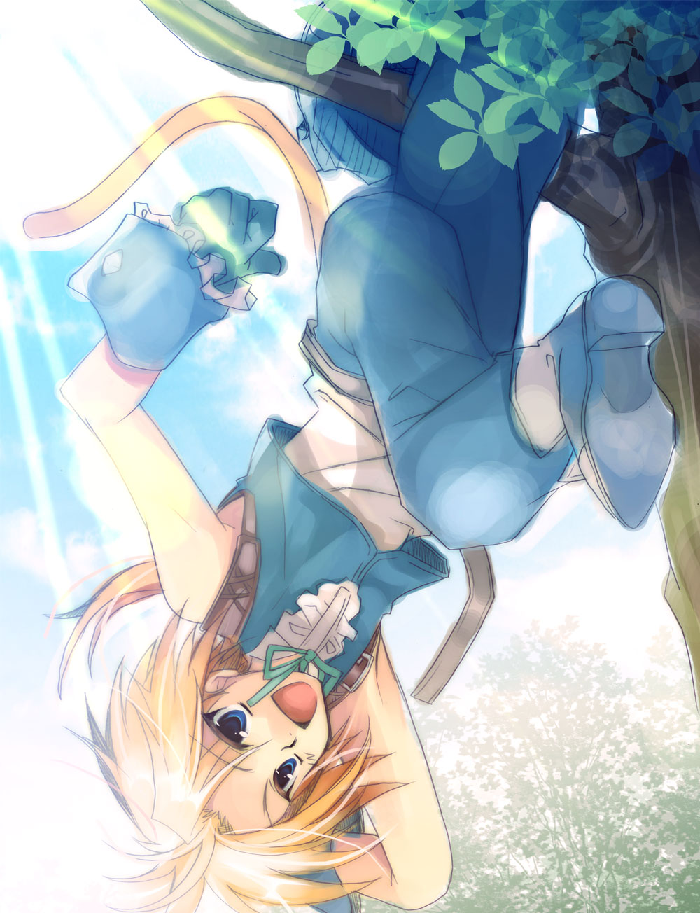 1boy arm_up belt blonde_hair blue_boots blue_eyes blue_pants blue_sky blue_vest blue_wrist_cuffs boots cropped_vest day final_fantasy final_fantasy_ix frilled_wrist_cuffs frills full_body gloves green_gloves green_ribbon hanging hanging_from_tree happy highres izumi_makoto leaf leg_up light_rays long_hair low_ponytail male_focus monkey_tail neck_ribbon open_mouth outdoors pants ponytail ribbon shirt sky sleeveless sleeveless_shirt smile solo sunbeam sunlight tail tree upside-down vest white_shirt wrist_cuffs zidane_tribal