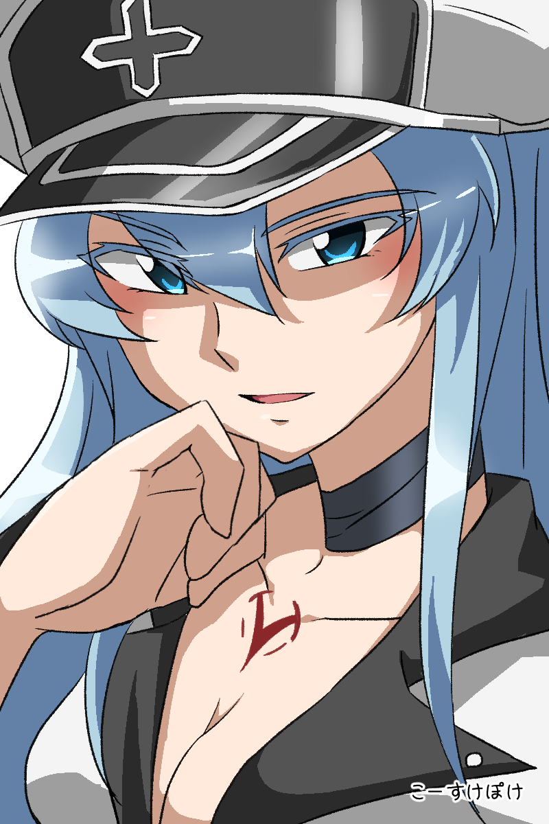 1girl akame_ga_kill! black_choker blue_eyes blue_hair blush breasts chest_tattoo choker cleavage close-up collarbone colored_eyelashes dress esdeath eyes_visible_through_hair hair_between_eyes hand_on_own_chin hat highres kousuke_(ko_suke) large_breasts long_hair looking_at_viewer military military_uniform open_mouth peaked_cap romaji_text simple_background solo tattoo very_long_hair white_background white_dress white_hat