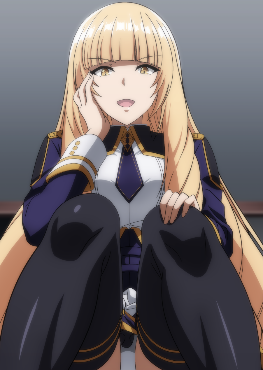 1girl black_thighhighs blonde_hair blue_corset blue_necktie blunt_bangs breasts corset drill_hair hand_on_own_cheek hand_on_own_face hand_on_own_knee highres kage_no_jitsuryokusha_ni_naritakute! long_hair makiri_akira midgar_academy_school_uniform necktie open_mouth panties pantyshot rose_oriana school_uniform short_necktie sitting skirt smile solo thighhighs tongue underwear white_panties white_skirt yellow_eyes