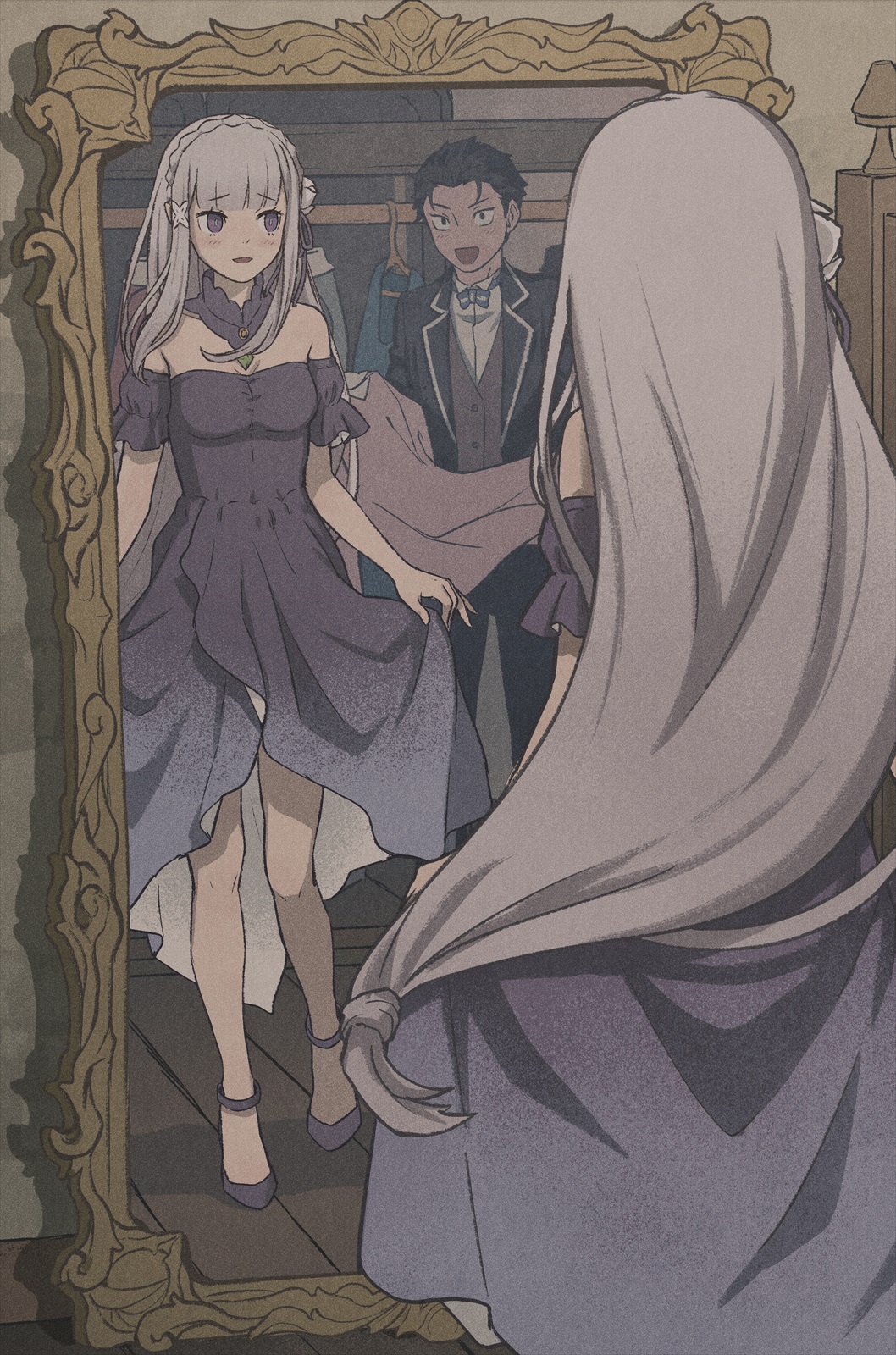 1boy 1girl :d anklet bare_shoulders black_hair black_pants blush breasts buttons commentary_request dress duplicate emilia_(re:zero) grey_hair highres indoors iwamushi jacket jewelry knees long_hair mirror natsuki_subaru off-shoulder_dress off_shoulder open_mouth pants purple_dress purple_eyes raised_eyebrows re:zero_kara_hajimeru_isekai_seikatsu reflection shoes short_hair smile standing vest wooden_floor