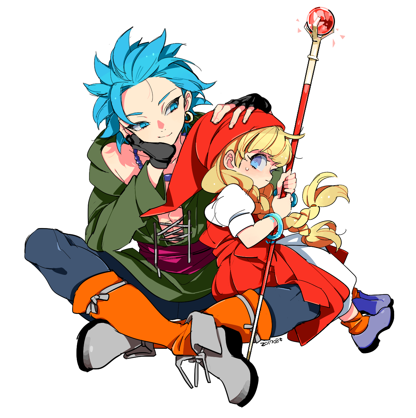 1boy 1girl aqua_leggings bead_necklace beads black_gloves blonde_hair blue_eyes blue_hair blunt_bangs bracelet braid camus_(dq11) dated dragon_quest dragon_quest_xi dress earrings fingerless_gloves gloves gold_earrings green_tunic grey_footwear hat headpat highres holding holding_staff hoop_earrings indian_style jewelry kinako_(marubotan) looking_at_another looking_to_the_side low_twin_braids mage_staff necklace profile puffy_short_sleeves puffy_sleeves red_dress red_hat shirt_under_dress short_sleeves sitting sitting_on_lap sitting_on_person smile spiked_hair staff sweatdrop tunic twin_braids veronica_(dq11) white_background