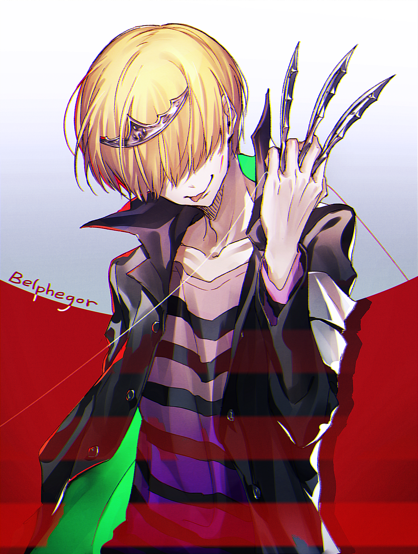 1boy bad_id bad_pixiv_id belphegor_(reborn) blonde_hair closed_mouth commentary_request hair_over_eyes highres hotechige katekyo_hitman_reborn! male_focus shirt smile solo striped_clothes striped_shirt tiara