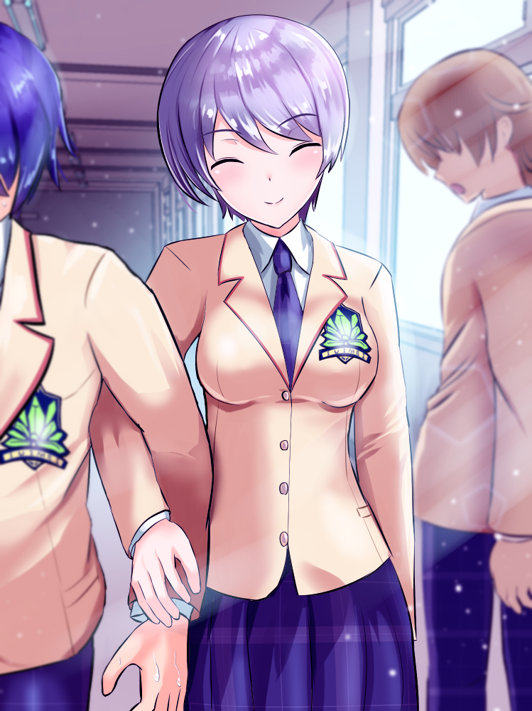1girl blazer blue_hair blue_neckwear blue_pants blue_skirt chaos;head hallway jacket kishimoto_ayase locked_arms necktie nishijou_takumi pants plaid_clothes plaid_necktie plaid_neckwear plaid_pants plaid_skirt school school_emblem school_uniform science_adventure short_hair skirt smile window