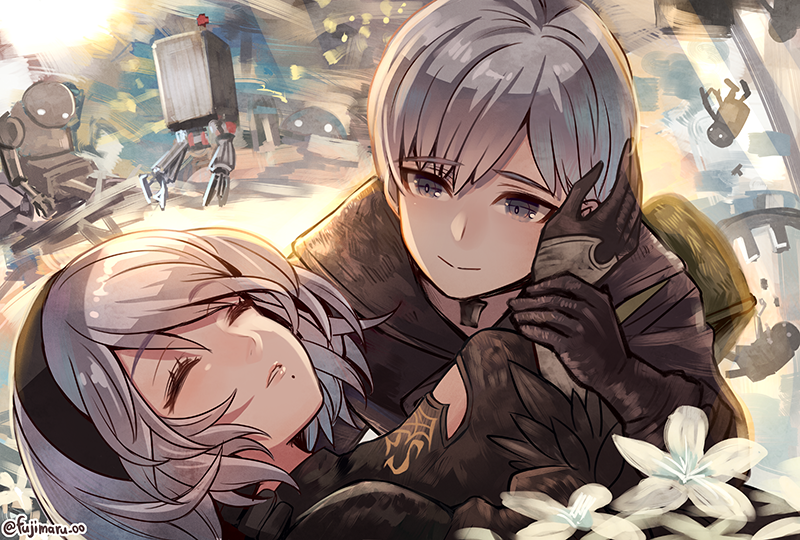 1boy 1girl black_gloves black_jacket bob_cut breasts choker couple closed_eyes flower fujimaru_(green_sparrow) gloves grey_eyes hairband hetero holding_another&#039;s_wrist jacket jewelry mole mole_under_mouth necklace nier_(series) nier:automata robot short_hair silver_hair smile 2b_(nier:automata) 9s_(nier:automata)