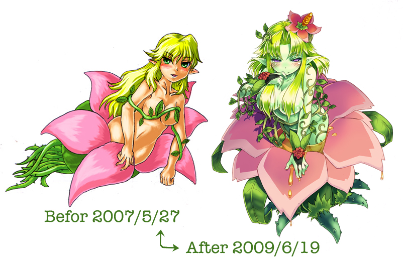 00s 1girl 2007 2009 alraune alraune_(monster_girl_encyclopedia) bad_id bad_pixiv_id before_and_after blonde_hair blush breasts bridal_gauntlets cleavage collarbone colored_skin comparison flower green_eyes green_hair green_skin kenkou_cross large_breasts leaf long_hair monster_girl monster_girl_encyclopedia naughty_face nectar official_art original plant plant_girl pointy_ears purple_eyes simple_background smile white_background