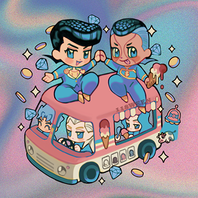 118ween 4boys :p black_hair blue_eyes blue_gakuran blue_hair brooch chibi chibi_only coin commentary commentary_request cow diamond_(gemstone) diamond_wa_kudakenai dollar_sign food food_truck gakuran gem grey_hair hazekura_mikitaka heart heart_brooch higashikata_josuke hirose_koichi holding_hands ice_cream_cone jewelry jojo_no_kimyou_na_bouken lowres male_focus motor_vehicle multicolored_hair multiple_boys nijimura_okuyasu peace_symbol pompadour school_uniform smile sparkle steering_wheel tongue tongue_out two-tone_hair ufo van yamagishi_yukako