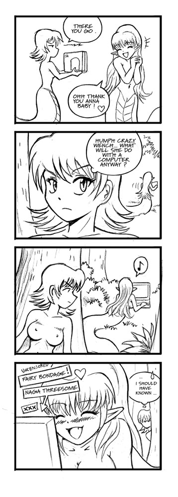 2girls 4koma anna_(karbo) blush comic computer felarya karbo lamia long_hair monster_girl multiple_girls nipples nude pointy_ears pornography pussy short_hair vivian_(karbo)