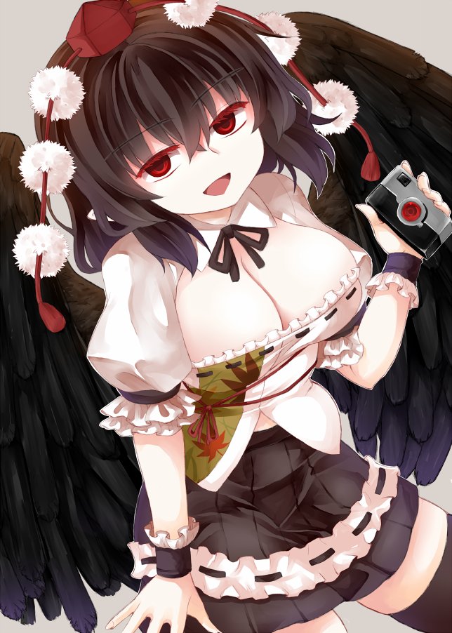 1girl armband bird_wings black_hair black_ribbon black_skirt black_wings breasts camera collared_shirt frilled_skirt frills hat large_breasts leaf_print pointy_ears pom_pom_(clothes) red_eyes red_hat ribbon shameimaru_aya shirt simple_background skirt smile solo tokin_hat touhou white_background white_shirt wings zetsumame