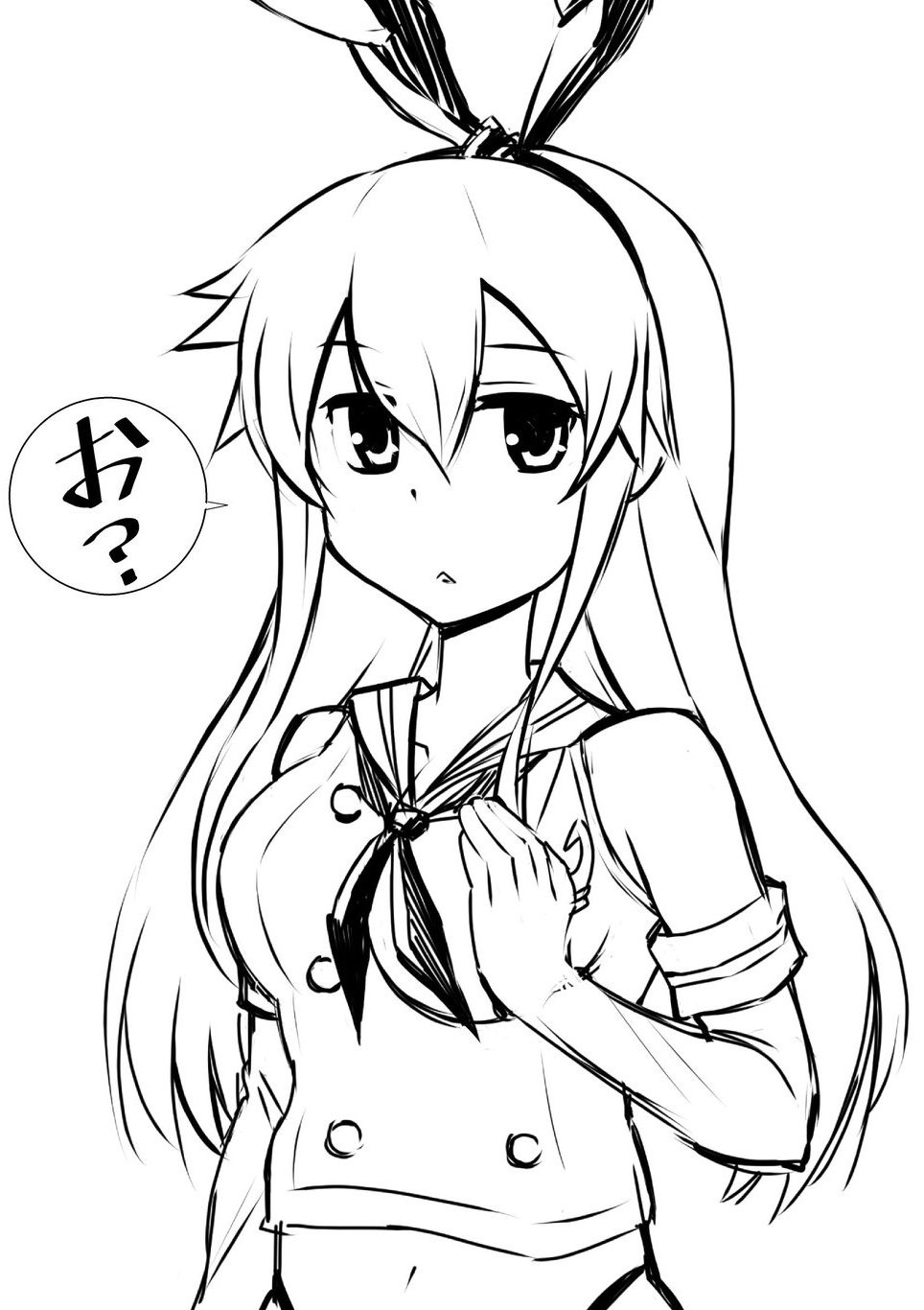 alternate_breast_size anchor_hair_ornament animal_ears breasts comic commentary_request crop_top elbow_gloves fake_animal_ears gloves greyscale hair_between_eyes hair_ornament hairband hands_on_own_chest highres inoue_kousei kantai_collection long_hair looking_at_viewer medium_breasts midriff monochrome rabbit_ears sailor_collar sailor_shirt shimakaze_(kancolle) shirt sidelocks sleeveless sleeveless_shirt solo translation_request triangle_mouth upper_body