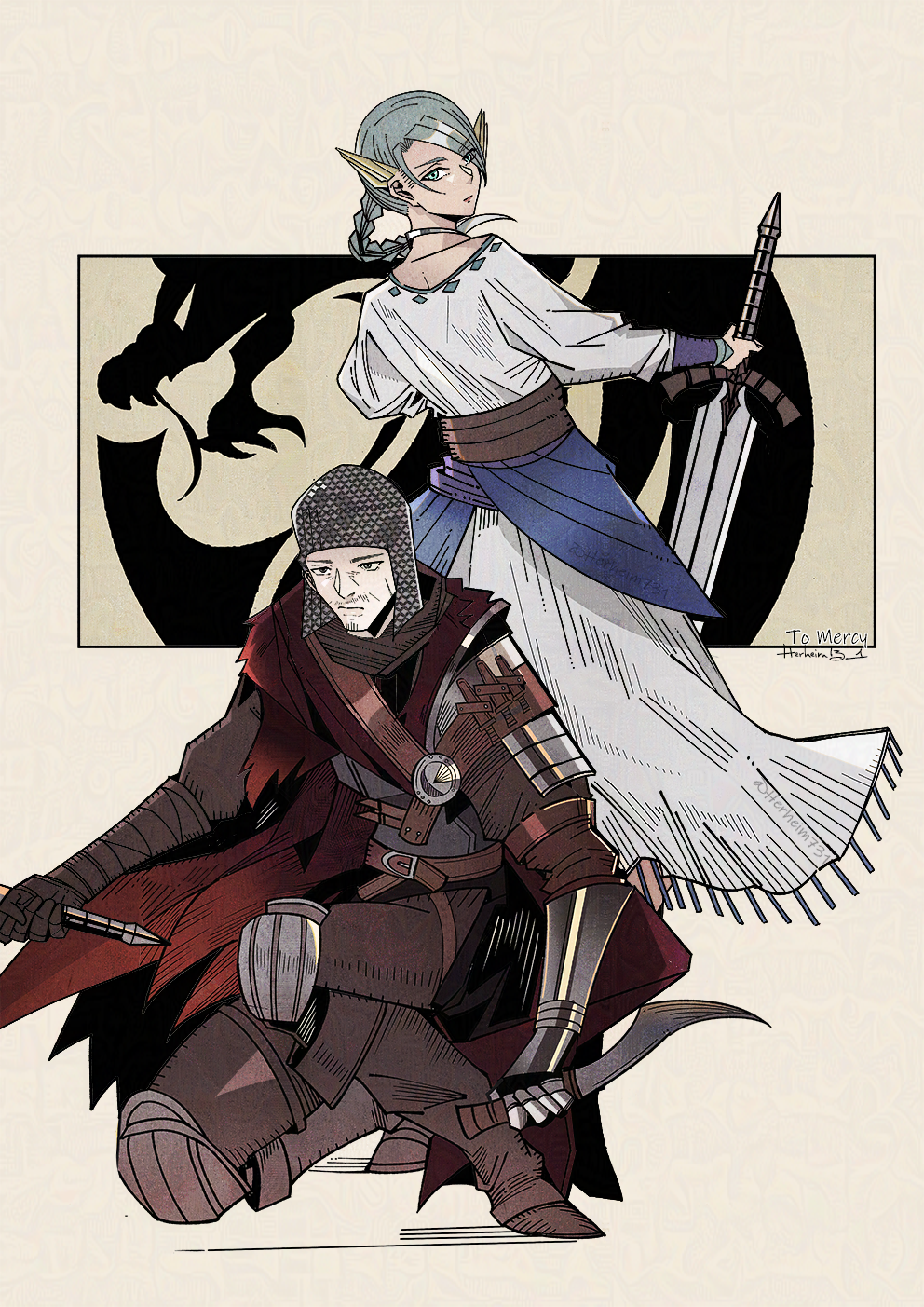 1boy 1girl armor ashen_one_(dark_souls) blue_eyes border chainmail cloak commentary commission dagger dark_souls_(series) dark_souls_iii dress dual_wielding grey_hair hawkwood_(dark_souls) helmet herheim highres holding holding_dagger holding_knife holding_sword holding_weapon knife long_dress looking_back medium_hair outside_border red_cloak signature squatting standing sword weapon white_border white_dress