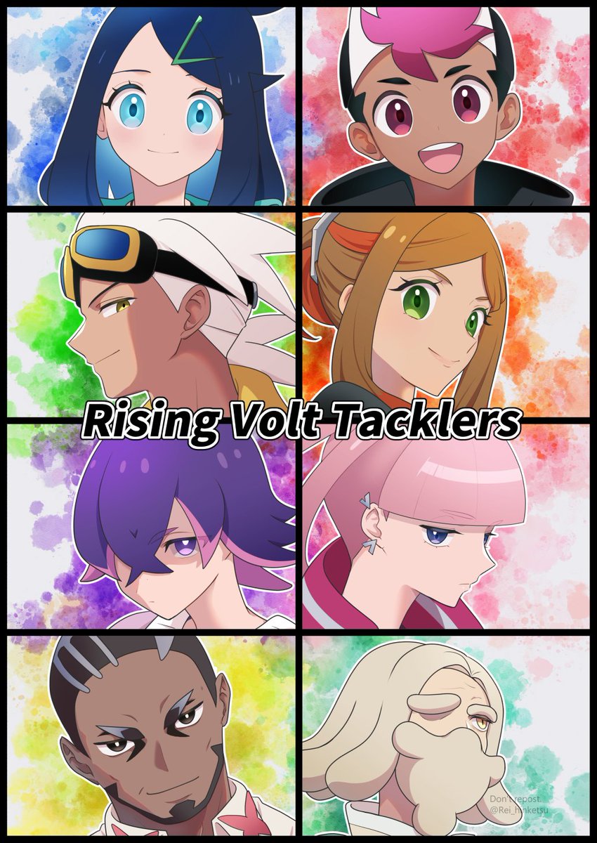 4boys 4girls :d beard black_hair blonde_hair blunt_bangs closed_mouth commentary_request crossed_bangs dark-skinned_male dark_skin dot_(pokemon) eyelashes facial_hair friede_(pokemon) goggles goggles_on_head green_eyes hair_ornament hairclip highres liko_(pokemon) ludlow_(pokemon) mollie_(pokemon) multiple_boys multiple_girls murdock_(pokemon) nintendo open_mouth orla_(pokemon) outline parted_bangs pink_hair pokemon pokemon_(anime) pokemon_horizons purple_eyes rei_hinketsu roy_(pokemon) short_hair smile teeth tongue upper_teeth_only white_hair yellow_eyes