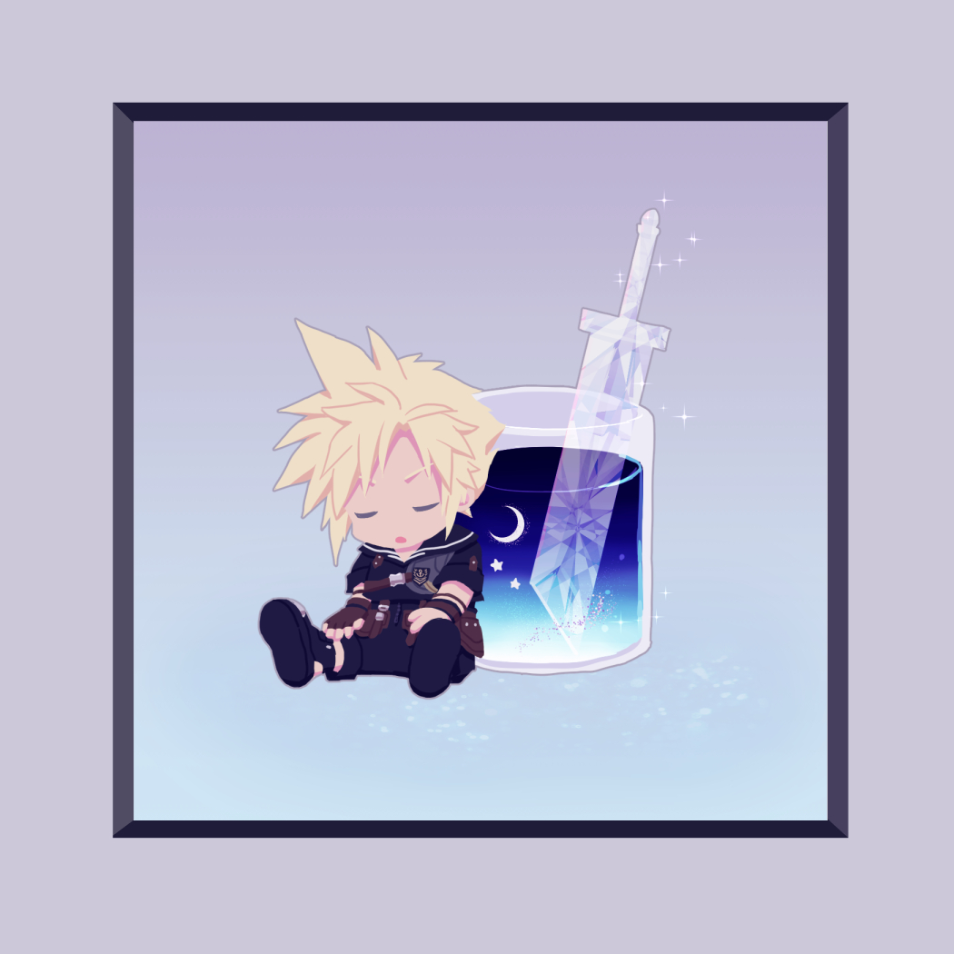 1boy armor black_footwear black_sailor_collar black_shirt blonde_hair brown_gloves buster_sword chibi closed_eyes cloud_strife cloud_strife_(maritime_sailor) cocktail_glass crescent_moon cup drinking_glass final_fantasy final_fantasy_vii final_fantasy_vii_ever_crisis fingerless_gloves gloves grey_background leather_armor male_focus moon parted_lips sailor_collar saki_(hxaxcxk) shirt short_hair short_sleeves shoulder_armor single_fingerless_glove sitting sleeping solo sparkle spiked_hair steel-toe_boots