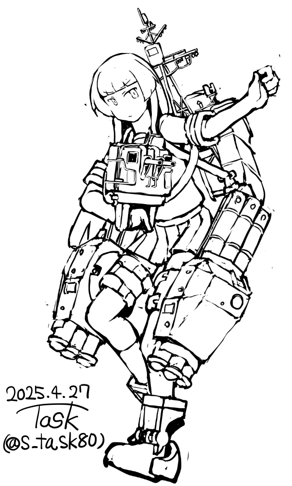1girl adapted_turret artist_name blunt_bangs dated full_body kantai_collection lineart long_hair looking_at_viewer machinery monochrome pleated_skirt sailor_collar sailor_shirt school_uniform serafuku shirakumo_(kancolle) shirt skirt solo task_(s_task80) torpedo_launcher twitter_username