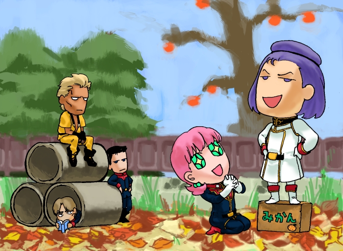 1girl chibi dunkel_cooper gundam military military_uniform multiple_boys paptimus_scirocco pink_hair ramsus_hasa sarah_zabiarov star_(symbol) star_in_eye symbol_in_eye utaco yazan_gable zeta_gundam