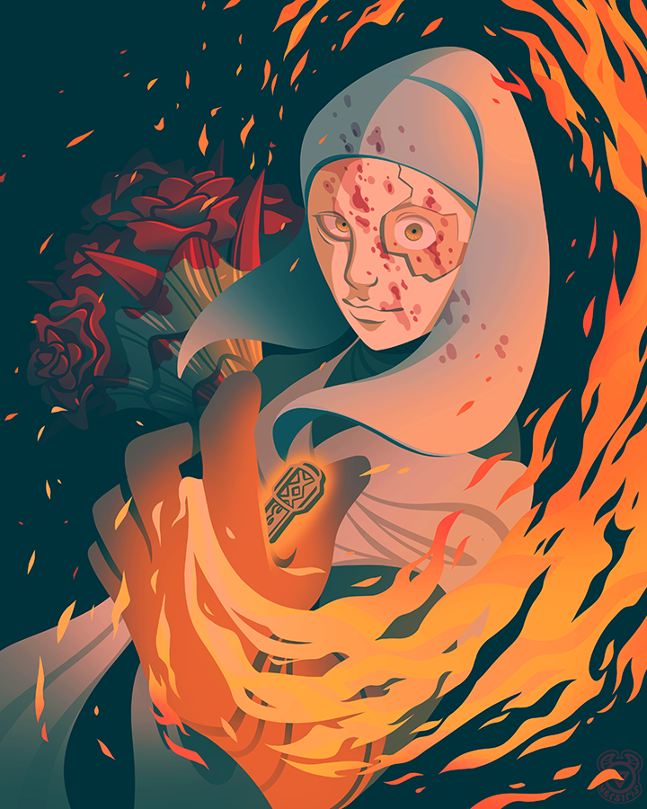 1boy bouquet brown_eyes closed_mouth cracked_mask elden_ring fire flower foreshortening gloves holding long_sleeves looking_at_viewer male_focus mask pyrokinesis solo upper_body veil versiris white-faced_varre