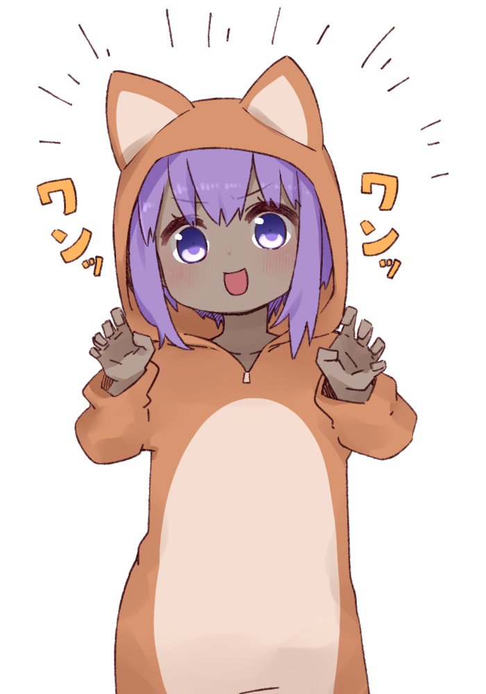 1girl :d animal_costume animal_ears animal_hood blush claw_pose collarbone dark-skinned_female dark_skin emphasis_lines fake_animal_ears fate/prototype fate/prototype:_fragments_of_blue_and_silver fate_(series) female_focus fox_costume fox_ears fox_hood hair_between_eyes hands_up hassan_of_serenity_(fate) hood hood_up i.u.y looking_at_viewer open_mouth purple_eyes purple_hair sidelocks simple_background smile solo v-shaped_eyebrows white_background