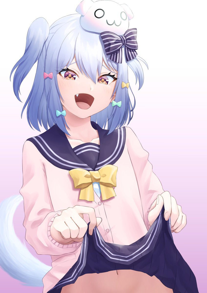 1boy :d aboreen blue_hair blue_skirt bow bowtie brown_eyes cardigan clothes_lift cowboy_shot dog_hair_ornament dog_tail fang hair_bow hair_ornament inuyama_tamaki lifting_own_clothes male_focus navel noripro open_mouth osugaki pink_cardigan sailor_collar school_uniform serafuku skirt skirt_lift smile smug tail trap two_side_up virtual_youtuber yellow_bow yellow_bowtie