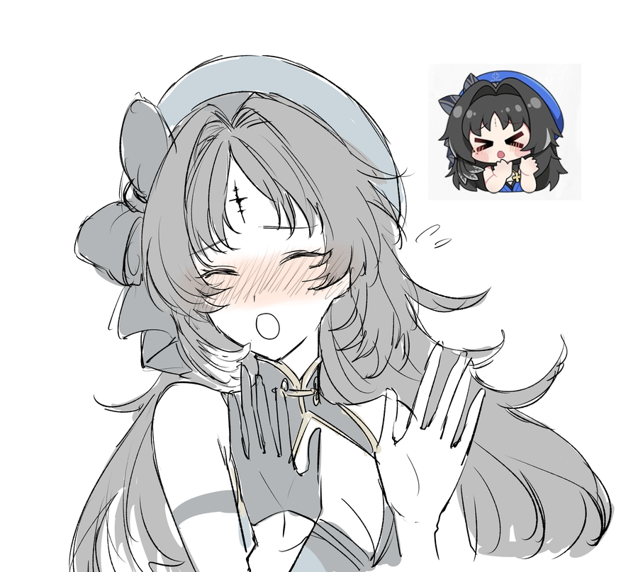 1girl blush chibi emote hands_up one_glove refuse sbs simple_background solo_focus twitter white_background wuthering_waves yangyang_(wuthering_waves)