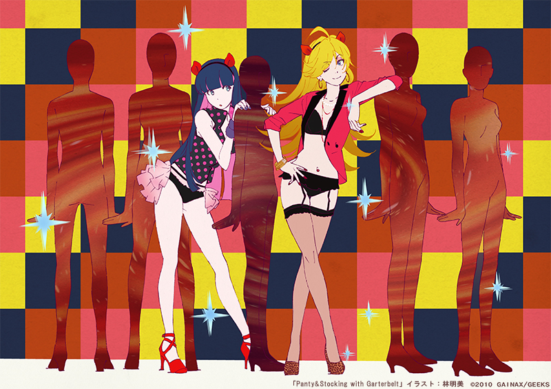 10s 2girls blonde_hair bra fashion gainaxtop garter_belt garter_straps hayashi_akemi high_heels long_hair mannequin multicolored_hair multiple_girls one_eye_closed panties panty_&amp;_stocking_with_garterbelt panty_(psg) pantyhose siblings sisters stocking_(psg) thighhighs two-tone_hair underwear wink