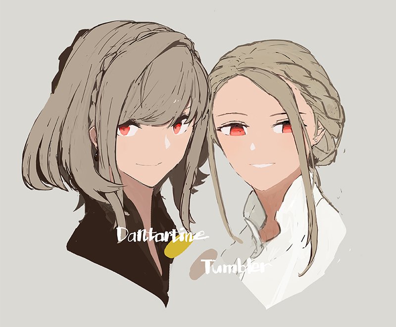 2girls blonde_hair braid brown_shirt character_name closed_mouth collared_shirt color_guide cropped_torso crown_braid grey_background high_collar looking_at_viewer multiple_girls open_mouth original red_eyes shirt short_hair short_hair_with_long_locks siirakannu simple_background smile teeth updo white_shirt