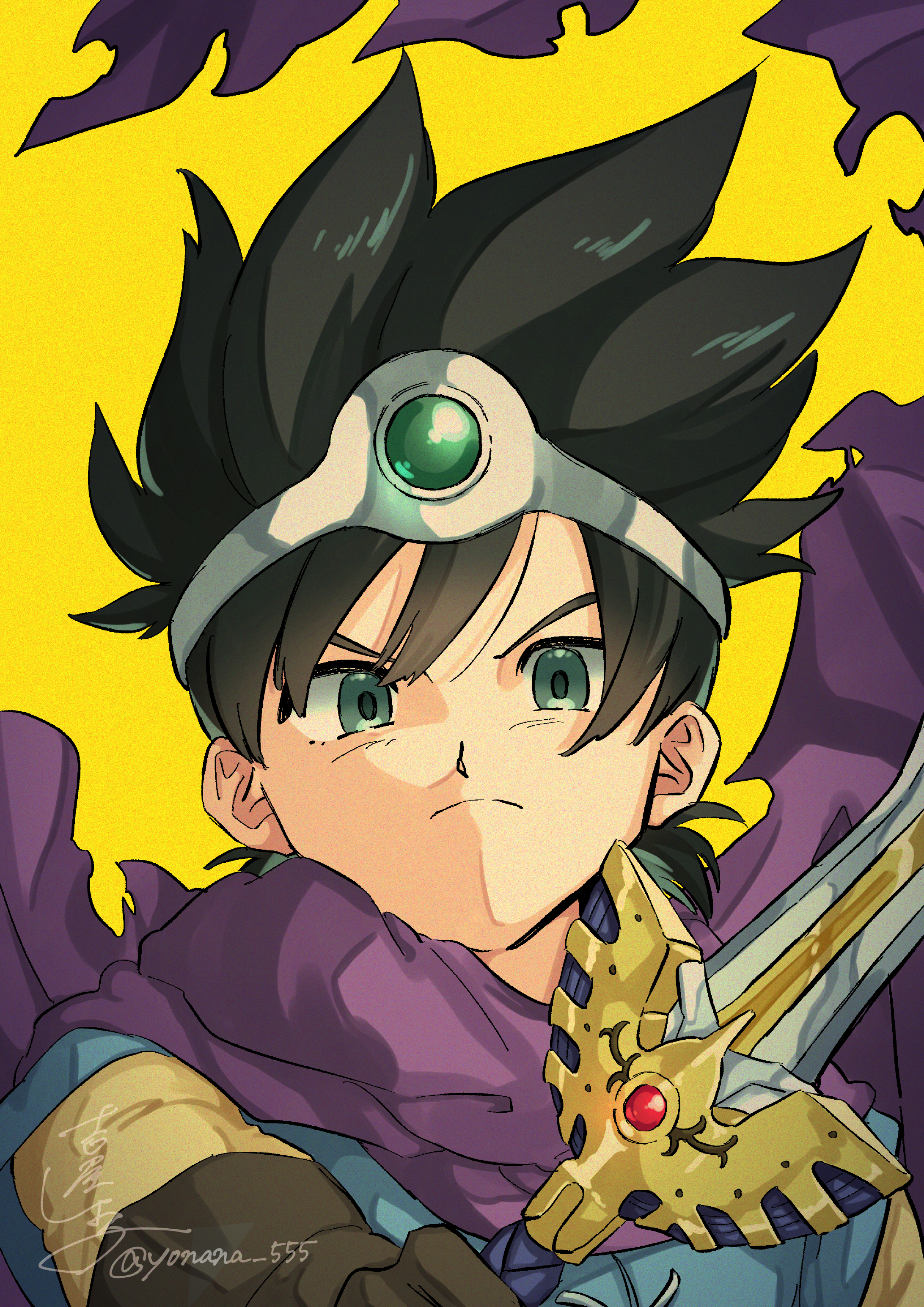 1boy absurdres aqua_eyes black_hair blue_tunic brown_gloves cape circlet commentary_request dragon_quest dragon_quest_iii erdrick's_sword floating_cape frown gem gloves green_gemstone hero_(dq3) highres holding holding_sword holding_weapon looking_at_viewer male_focus purple_cape roto_(dq3) short_hair silver_circlet solo spiked_hair sword torn_cape torn_clothes tunic weapon yellow_background yoshiya_shiyoko