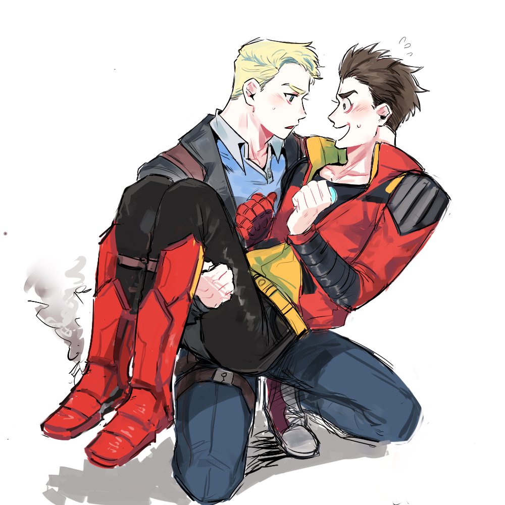2boys arc_reactor armor armored_boots avengers_(series) avengers_academy belt black_pants black_shirt blonde_hair blue_eyes blue_pants blue_shirt blush boots brown_eyes brown_hair buttons carrying clenched_hands collared_jacket collared_shirt commentary_request denim grey_footwear grey_jacket hands_up jacket korean_commentary long_sleeves looking_at_another male_focus marvel multicolored_jacket multiple_boys open_clothes open_jacket open_mouth pants princess_carry purple_footwear red_armor red_jacket rro_hr2 shadow shirt shoes short_hair simple_background smile sneakers steve_rogers sweatdrop t-shirt tony_stark two-tone_footwear two-tone_jacket v-shaped_eyebrows white_background yaoi yellow_belt yellow_jacket