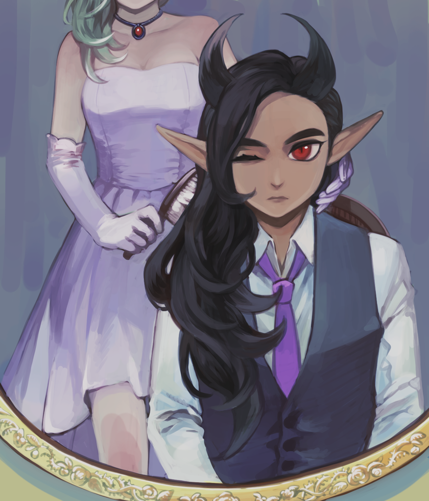 1boy 1girl androgynous asuka_(pixiv3381855) bare_shoulders black_hair blonde_hair breasts brushing_another&#039;s_hair brushing_hair cleavage commentary_request dark-skinned_male dark_skin dragon_quest dragon_quest_builders_2 dress female_builder_(dqb2) formal_clothes gem gloves grey_background grey_vest hair_down hair_horns head_out_of_frame jewelry long_hair looking_at_mirror looking_at_viewer male_focus medium_breasts mirror necklace necktie one_eye_closed pointy_ears purple_necktie red_eyes red_gemstone shirt sidoh_(dqb2) sitting slit_pupils strapless strapless_dress vest white_dress white_gloves white_shirt