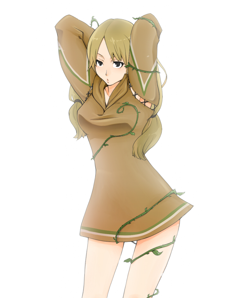 1girl arms_up black_eyes blonde_hair breasts female_focus final_fantasy final_fantasy_tactics geomancer geomancer_(fft) indo_curry long_hair plant simple_background solo vines white_background