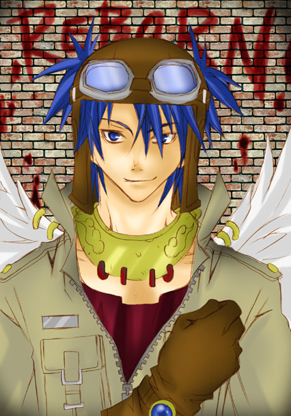 1boy goggles goggles_on_head legendz looking_at_viewer male_focus personification shiron_(legendz) smile solo