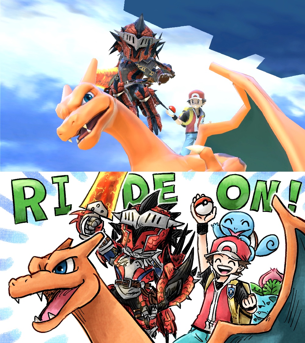 baseball_cap brown_hair charizard gen_1_pokemon hat holding holding_poke_ball holding_shield holding_sword holding_weapon ivysaur kicdon mii_(nintendo) monster_hunter_(character) monster_hunter_(series) nintendo poke_ball poke_ball_(basic) pokemon pokemon_(creature) pokemon_frlg rathalos_(armor) red_(pokemon) riding riding_pokemon shield squirtle super_smash_bros. sword vs_seeker weapon