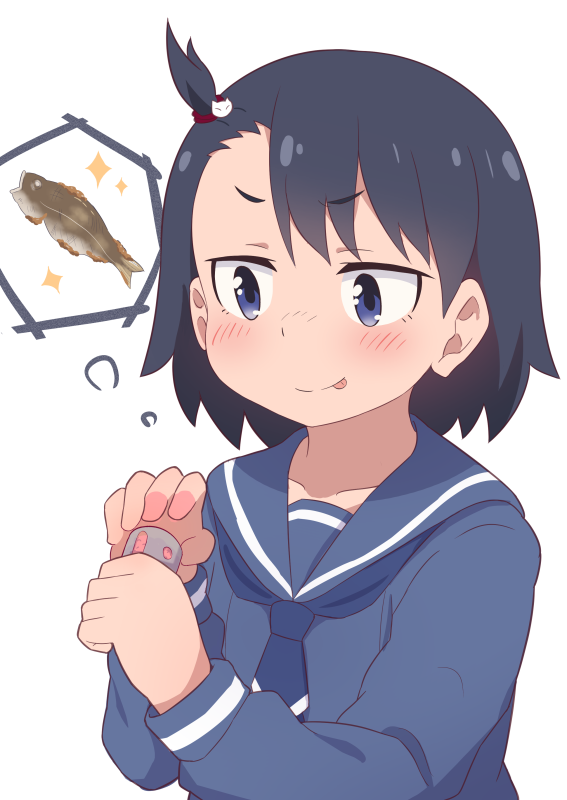 black_hair blue_eyes blush cat_hair_ornament chum fish fish_(food) fried_fish hair_ornament hatafuta hodaka_natsumi houkago_teibou_nisshi sailor_collar school_uniform serafuku short_hair simple_background solo tongue tongue_out white_background