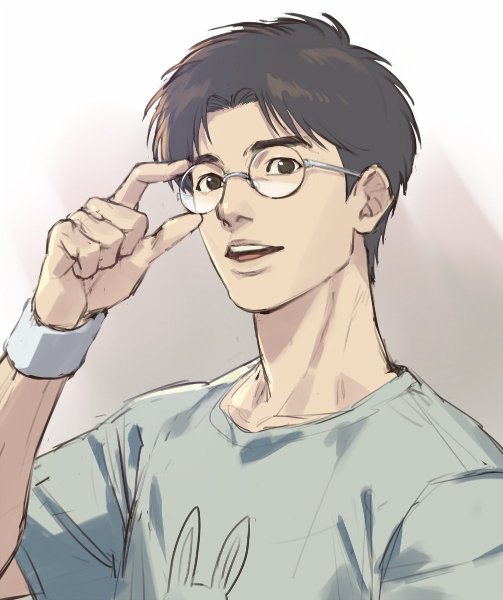 1boy adjusting_eyewear arm_up brown_eyes brown_hair commentary english_commentary glasses grey_background highres kogure_kiminobu looking_ahead male_focus open_mouth parted_bangs print_shirt rimless_eyewear round_eyewear shirt short_sleeves simple_background slam_dunk_(series) solo t-shirt talgi teeth three_quarter_profile tongue upper_body upper_teeth_only white_background white_shirt wristband