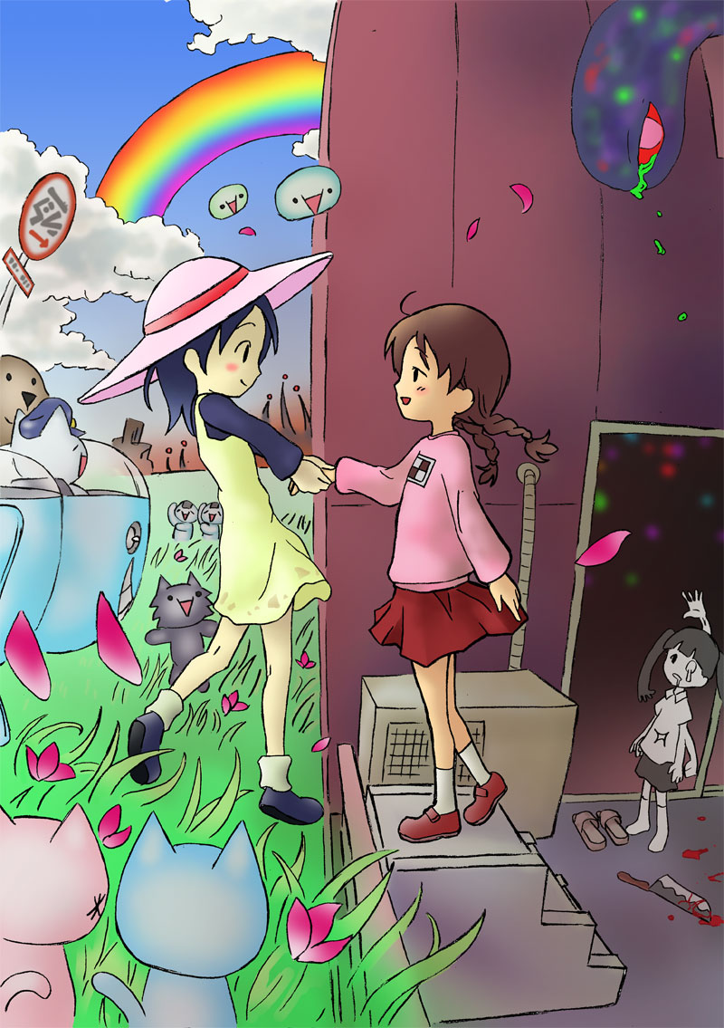 2channel 2girls andou_natsumi blood bloody_weapon braid cat chibi cloud crossover day dress gagame giko hat jisakujien kasei-san knife madotsuki mona_(2ch) monoko multiple_girls natsumi_step! pink_shirt rainbow shii shirt skirt spoilers suicide sweater twin_braids utsugame weapon yume_nikki