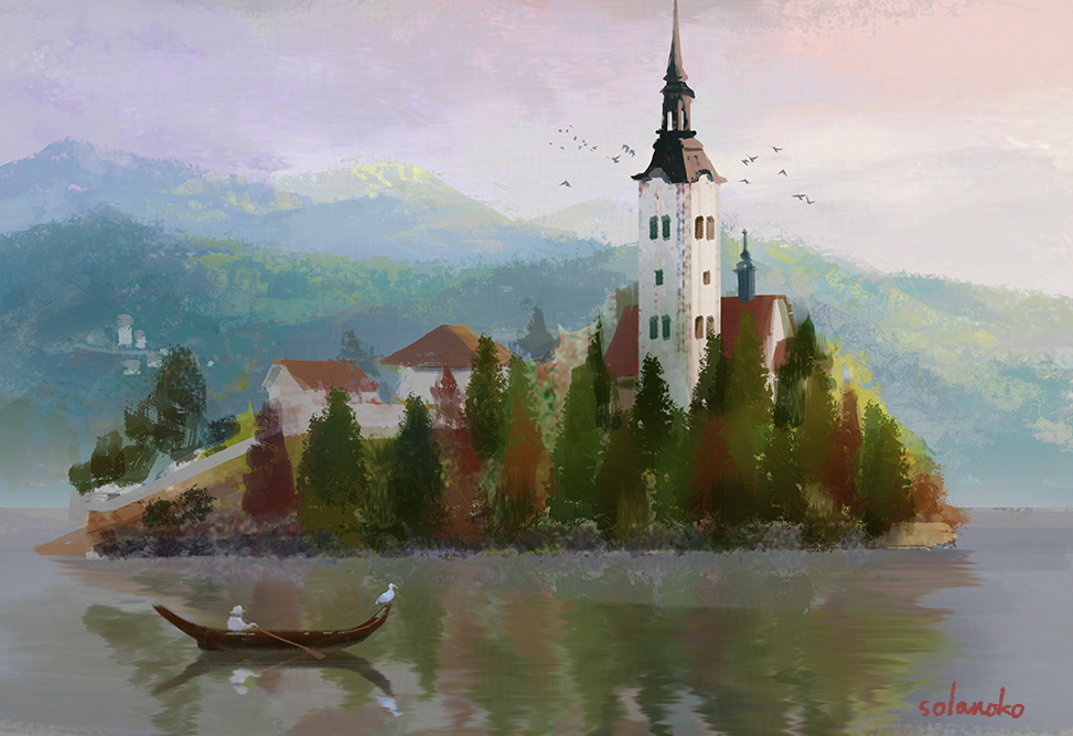 1other bird building evening holding holding_oar island lake oar original outdoors reflection reflective_water rowboat rowing scenery simple_bird solanoko solo tower tree watercraft