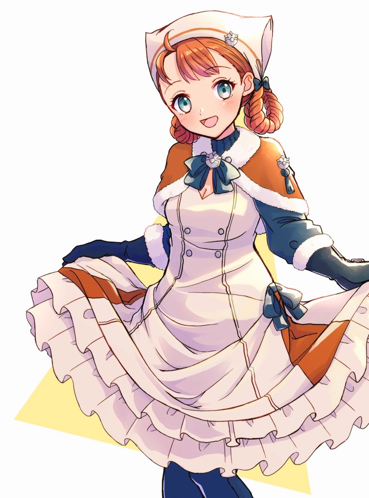 1girl annette_fantine_dominic braid breasts curtsey dress fire_emblem fire_emblem:_three_houses fire_emblem_warriors:_three_hopes frills gloves gogatsu_(yeaholiday) green_eyes happy hat medium_breasts nintendo official_alternate_costume official_alternate_hairstyle orange_hair ribbon solo white_dress