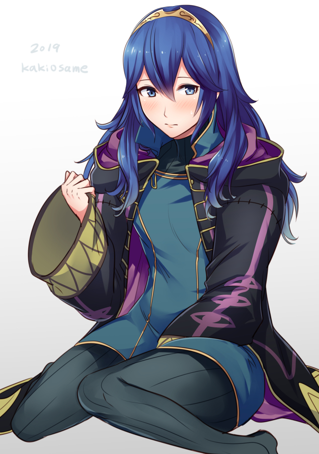 1girl 2019 ameno_(a_meno0) armor black_cloak black_sweater blue_eyes blue_hair blush breastplate cloak closed_mouth commentary_request cosplay female_focus fire_emblem fire_emblem_awakening hair_between_eyes hair_ornament hood hood_down hooded hooded_cloak lips long_hair lucina_(fire_emblem) male_robin_(fire_emblem) male_robin_(fire_emblem)_(cosplay) my_unit my_unit_(cosplay) nintendo open_clothes ribbed_sweater simple_background sitting solo sweater tiara turtleneck turtleneck_sweater white_background