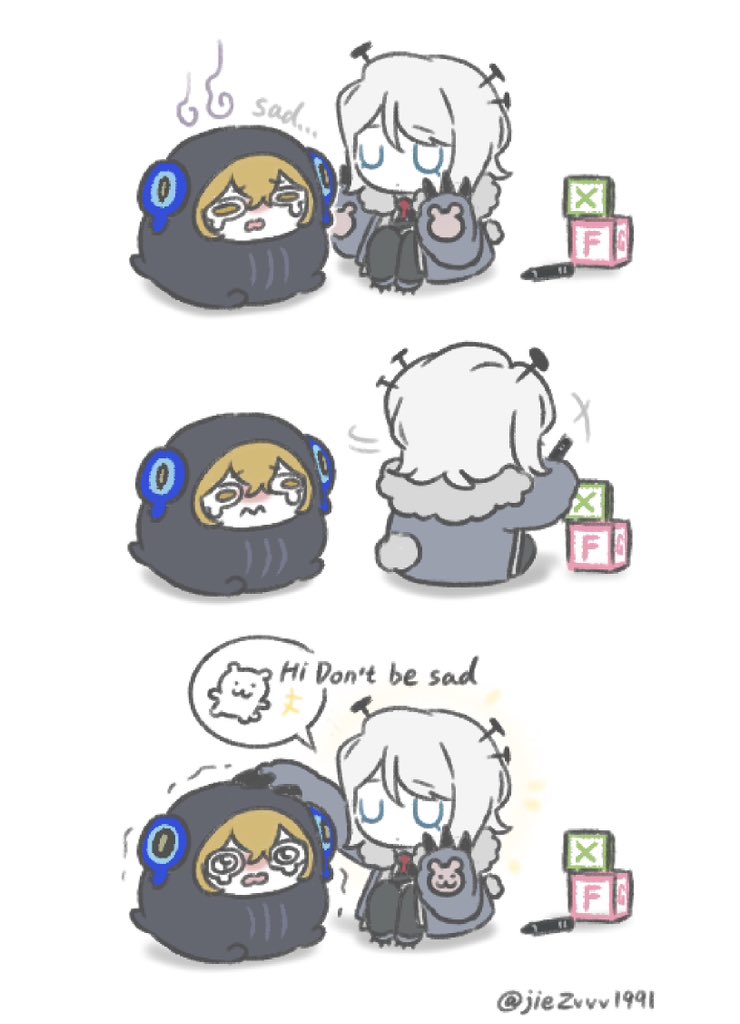 1boy 1girl animal_costume black_pants cavernous_wailing_(e.g.o) chibi closed_mouth commentary crying e.g.o_(project_moon) english_commentary english_text faust_(project_moon) frog_costume hex_nail_(e.g.o) jacket limbus_company ohzv open_mouth pants paw_sleeves petting project_moon purple_jacket short_hair sidelocks simple_background sinclair_(project_moon) speech_bubble toy_block white_background white_hair